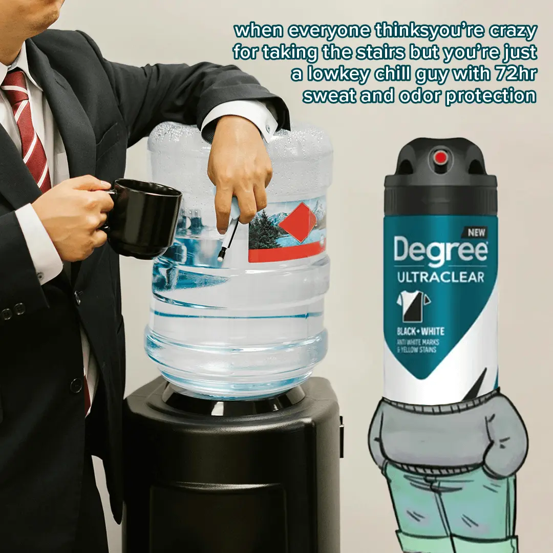 A person in a suit holding a coffee cup stands by a water cooler, while a cartoon Degree deodorant can with arms appears beside them. Text above reads, when everyone thinks you’re crazy for taking the stairs but you’re just a lowkey chill guy with 72hr sweat and odor protection.